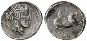 ROMANE REPUBBLICANE - TITIA - Q. Titius (90 a.C.) - Denario - Testa di Bacco a d. /R Pegaso in volo a d. B. 2; Cr. 341/2 (AG g. 3,91) Graffi - Ex InAs...