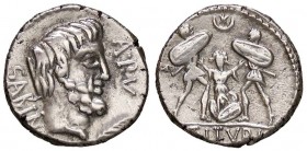 ROMANE REPUBBLICANE - TITURIA - L. Titurius L. f. Sabinus (89 a.C.) - Denario - Testa del Re Sabino Tatius a d.; davanti, ramo di palma e A PV /R Due ...