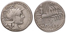 ROMANE REPUBBLICANE - TULLIA - M. Tullius (120 a.C.) - Denario - Testa di Roma a d. /R La Vittoria su quadriga verso d. sopra una corona e sotto X B. ...