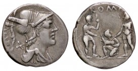 ROMANE REPUBBLICANE - VETURIA - Ti. Veturius (137 a.C.) - Denario - Busto di Marte a d. /R Due guerrieri stanti; fra di loro, personaggio con maialino...