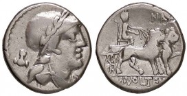 ROMANE REPUBBLICANE - VOLTEIA - M. Volteius M. f. (78 a.C.) - Denario - Testa di Attis a d.; dietro, simbolo /R Cibele su carro verso d. trainato da d...