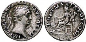 ROMANE IMPERIALI - Traiano (98-117) - Denario - Busto laureato a d. /R La Concordia seduta a s. presso un altare con patera e cornucopia C. 302; RIC 1...