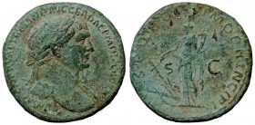 ROMANE IMPERIALI - Traiano (98-117) - Sesterzio - Busto laureato a d. /R La Fortuna stante a s. con timone appoggiato su vascello e cornucopia C. 477 ...
