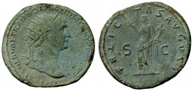 ROMANE IMPERIALI - Traiano (98-117) - Dupondio - Busto radiato e drappeggiato a d. /R La Felicità stante a s. con caduceo e cornucopia C. 353; RIC 674...