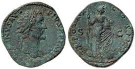 ROMANE IMPERIALI - Antonino Pio (138-161) - Sesterzio - Testa laureata a d. /R L'Abbondanza stante a d., il piede su una prua, con modio sul ginocchio...