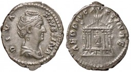 ROMANE IMPERIALI - Faustina I (moglie di A. Pio) - Denario - Busto drappeggiato e diademato a d. /R Statua di Faustina entro tempio esastilo C. 1; RIC...
