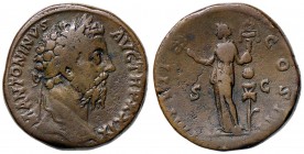 ROMANE IMPERIALI - Marco Aurelio (161-180) - Sesterzio - Busto laureato e drappeggiato a d. /R La Fede stante a s. con caduceo e insegna C. 338 (AE g....