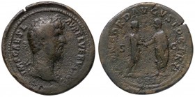 ROMANE IMPERIALI - Lucio Vero (161-169) - Sesterzio - Testa laureata a d. /R Lucio Vero e Marco Aurelio di fronte si danno la mano (AE g. 25,04)
qBB