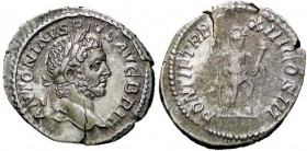 ROMANE IMPERIALI - Caracalla (198-217) - Denario - Testa laureata a d. /R Il Valore stante a d. con lancia e parazonium, posa un piede su di un casco ...