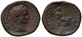 ROMANE IMPERIALI - Caracalla (198-217) - Sesterzio - Testa laureata a d. /R La Sicurezza seduta a d. davanti un altare acceso, si sostiene la testa co...