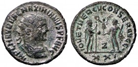 ROMANE IMPERIALI - Massimiano Ercole (286-310) - Antoniniano - Busto radiato e drappeggiato a d. /R Massimiano stante a d. riceve da Giove una Vittori...
