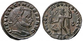 ROMANE IMPERIALI - Licinio I (308-324) - Follis - Testa laureata a d. /R Giove stante a s. con Vittoria e scettro; ai suoi piedi un'aquila con corona ...