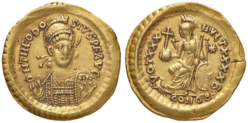 ROMANE IMPERIALI - Teodosio II (402-450) - Solido (Costantinopoli) - Busto elmat...
