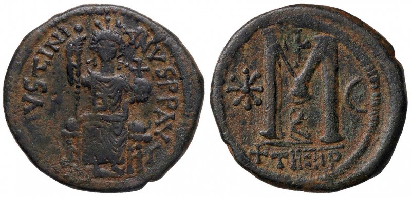 BIZANTINE - Giustiniano I (527-565) - Follis (Tessalonica) - Busto elmato e cora...