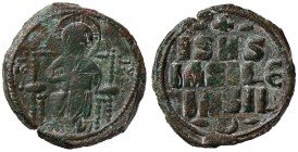 BIZANTINE - Costantino IX (1042-1055) - Follis (attribuito) - Cristo nimbato in trono di fronte /R Scritta entro cerchio perlinato Sear 1836 (AE g. 9,...