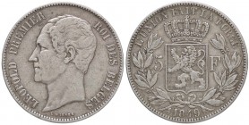ESTERE - BELGIO - Leopoldo I (1831-1865) - 5 Franchi 1849 Kr. 17 AG Testa nuda
BB