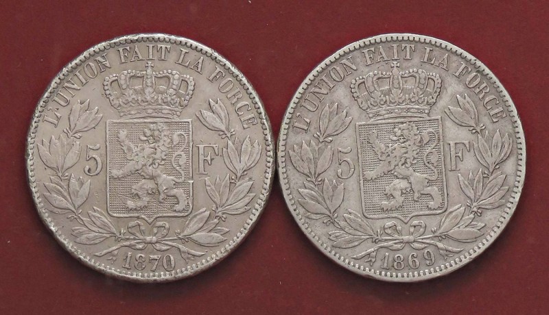 ESTERE - BELGIO - Leopoldo II (1865-1909) - 5 Franchi 1869 e 1870 Kr. 24 AG
qBB...