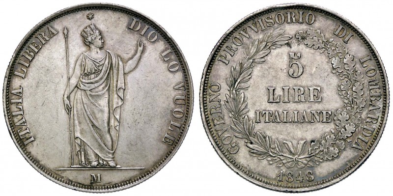 ZECCHE ITALIANE - MILANO - Governo Provvisorio (1848) - 5 Lire 1848 Pag. 213; Mo...