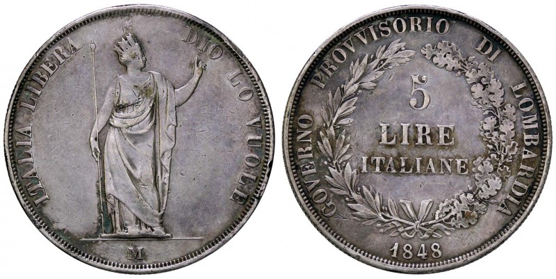 ZECCHE ITALIANE - MILANO - Governo Provvisorio (1848) - 5 Lire 1848 Pag. 213a; M...