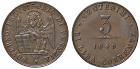 ZECCHE ITALIANE - VENEZIA - Governo Provvisorio (1848-1849) - 3 Centesimi 1849 Pag. 185; Mont. 95 CU
SPL