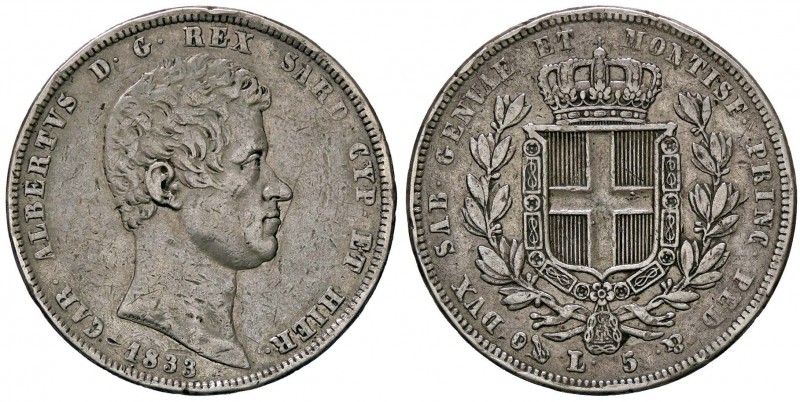 SAVOIA - Carlo Alberto (1831-1849) - 5 Lire 1833 G Pag. 233; Mont. 109 AG Colpet...