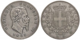 SAVOIA - Vittorio Emanuele II Re d'Italia (1861-1878) - 5 Lire 1865 T Pag. 487; Mont. 167 R AG
qBB/BB