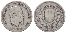 SAVOIA - Vittorio Emanuele II Re d'Italia (1861-1878) - Lira 1867 T Stemma Pag. 519; Mont. 205 RR AG
MB