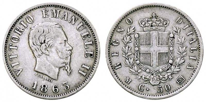 SAVOIA - Vittorio Emanuele II Re d'Italia (1861-1878) - 50 Centesimi 1863 M Stem...