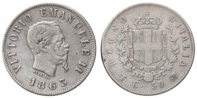 SAVOIA - Vittorio Emanuele II Re d'Italia (1861-1878) - 50 Centesimi 1863 T Stemma Pag. 526; Mont. 214 NC AG
meglio di MB