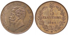 SAVOIA - Vittorio Emanuele II Re d'Italia (1861-1878) - 5 Centesimi 1861 M Pag. 552; Mont. 246 CU Frattura di conio - Rame rosso
qFDC