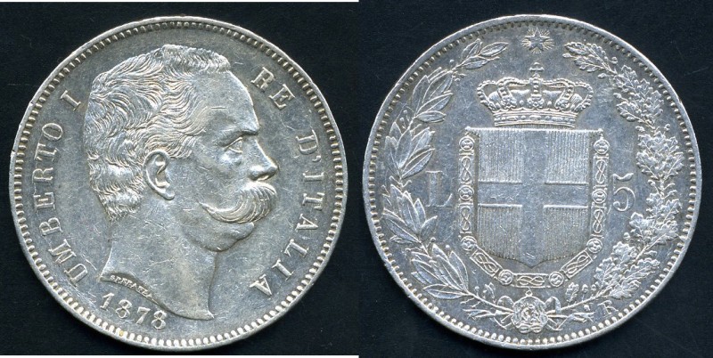 SAVOIA - Umberto I (1878-1900) - 5 Lire 1878 Pag. 589; Mont. 32 RR AG Fondi bril...