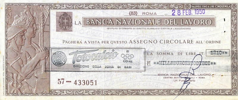 VARIE - Assegni Totocalcio 1950, da 1210 lire
qSPL
