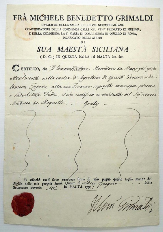 DOCUMENTI - MALTA - Fra Emmanuel de Rohan (1775-1797) Dal vice comandante Michel...