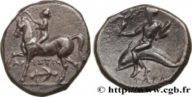 CALABRIA - TARAS
Type : Nomos, statère ou didrachme 
Date : c. 280-272 AC. 
Mint name / Town : Tarente 
Metal : silver 
Diameter : 20,5  mm
Orientatio...