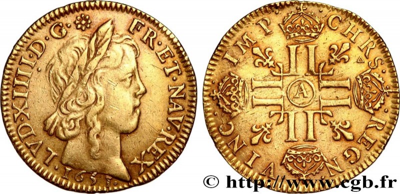 LOUIS XIV "THE SUN KING"
Type : Louis d'or à la mèche longue 
Date : 1651 
Mint ...