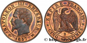 SECOND EMPIRE
Type : Cinq centimes Napoléon III, tête nue 
Date : 1857 
Mint name / Town : Rouen 
Quantity minted : 1.843.090 
Metal : bronze 
Diamete...