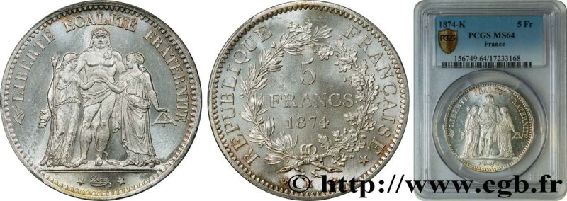 III REPUBLIC
Type : 5 francs Hercule 
Date : 1874 
Mint name / Town : Bordeaux 
...