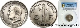 FRENCH STATE
Type : 5 francs Pétain 
Date : 1941 
Quantity minted : 13782000 
Metal : copper nickel 
Diameter : 21,95  mm
Orientation dies : 6  h.
Wei...