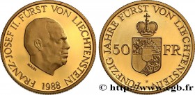 LIECHTENSTEIN - PRINCIPALITY OF LIECHTENSTEIN - FRANCIS JOSEPH II
Type : 50 Franken 
Date : 1988 
Quantity minted : 35000 
Metal : gold 
Millesimal fi...