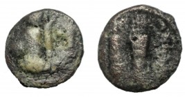 Sasanian kingdom, Bahram II with queen and successor, AE Pashiz, fine, RR, 1.85g/ 12mm