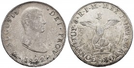 México. Agustín de Iturbide. 8 reales. 1822. México. JM. (Km-304). Ag. 26,90 g. Rayitas en reverso. Escasa. MBC+. Est...275,00.