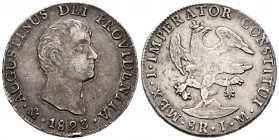 México. Agustín de Iturbide. 8 reales. 1823. México. JM. (Km-310). Ag. 26,84 g. Rayita en anverso y golpe en el canto. MBC+. Est...200,00.
