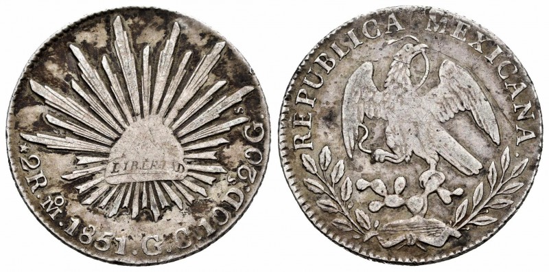 México. 2 reales. 1851. México. GC. (Km-374.10). Ag. 6,60 g. Escasa. MBC-. Est.....