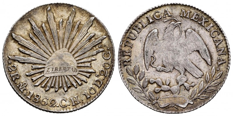 México. 2 reales. 1862. México. FH. (Km-374.10). Ag. 6,74 g. EBC-/MBC+. Est...40...