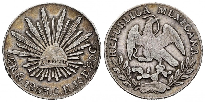 México. 2 reales. 1863. México. CH. (Km-374.10). Ag. 6,69 g. Golpecitos en el ca...