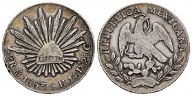 México. 2 reales. 1863. México. CH. (Km-374.10). Ag. 6,69 g. Golpecitos en el canto. MBC+. Est...25,00.