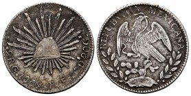 México. 2 reales. 1859. Guanajuato. PF. (Km-374.8). Ag. 6,75 g. MBC-/MBC. Est...25,00.