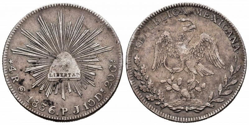 México. 4 reales. 1836. Guanajuato. PJ. (Km-375.4). Ag. 13,28 g. Escasa. MBC+. E...