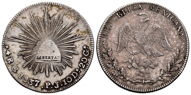 México. 4 reales. 1837. Guanajuato. PJ. (Km-375.4). Ag. 13,16 g. Escasa. MBC+. E...