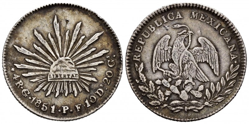 México. 4 reales. 1851. Guanajuato. PF. (Km-375.4). Ag. 13,27 g. Golpecito en an...